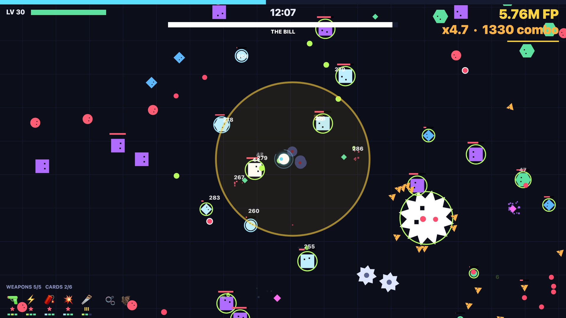 Billion: a crowded game screen twelve minutes in, with the final boss, The Bill, beside the player and enemies on every side.
